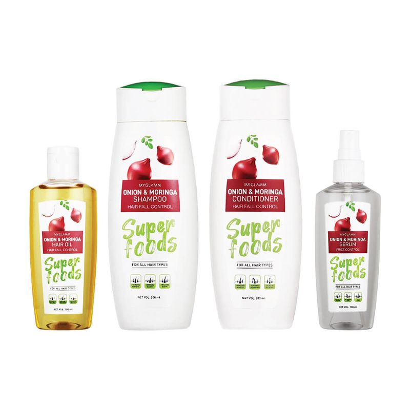 MyGlamm SUPERFOODS ONION & MORINGA HAIR CARE COMBO - SHAMPOO + CONDITIONER + Oil + Serum